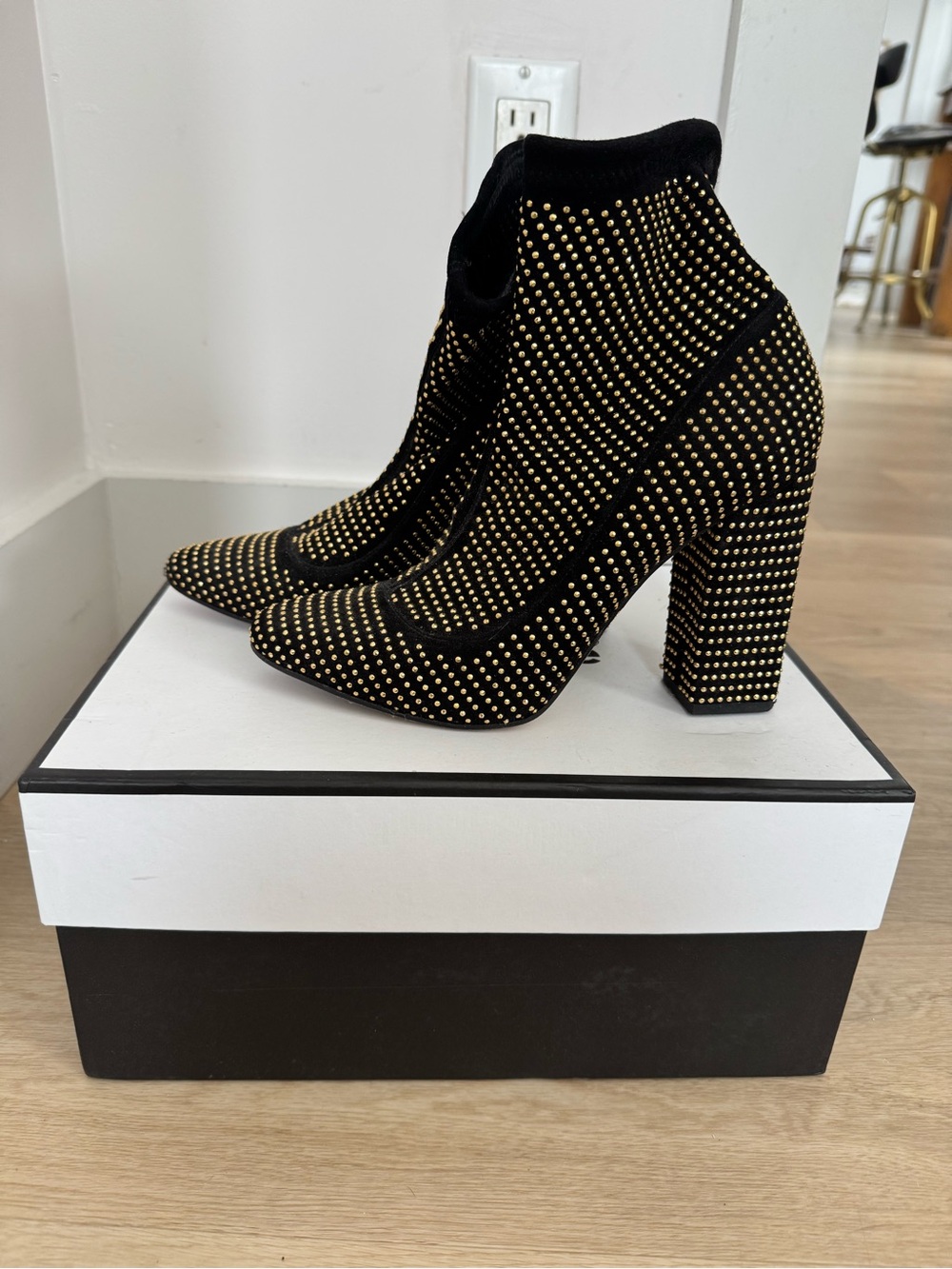 Tamara Mellon Black Stretch-Knit Ankle Boots with Gold Studs